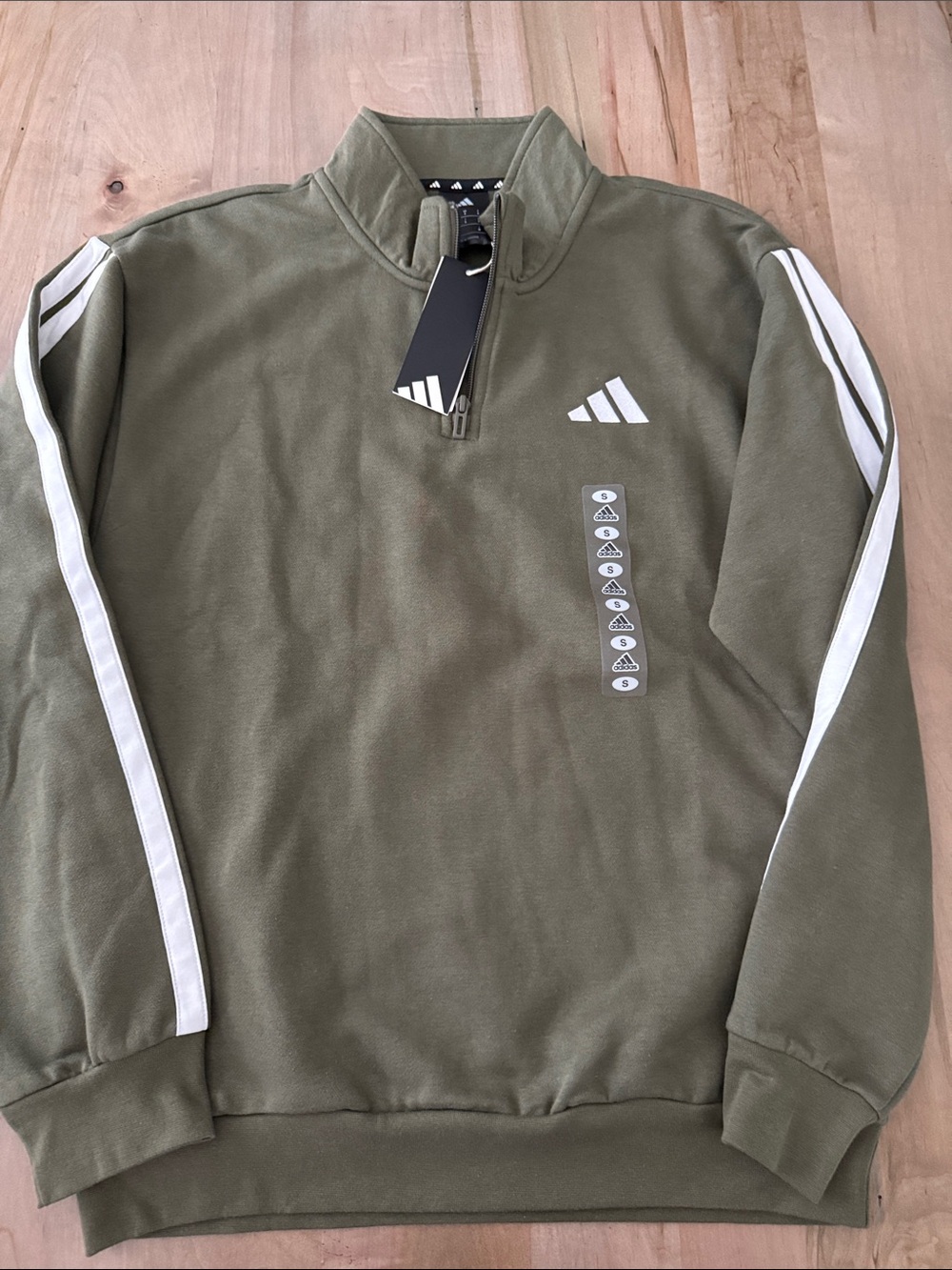 adidas Men's Olive Green Quarter-Zip Sweatshirt with White Stripes